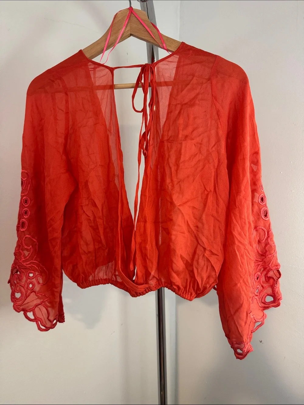 Free People Orange-Red Wrap Blouse with Lace Bell Sleeves size xs
